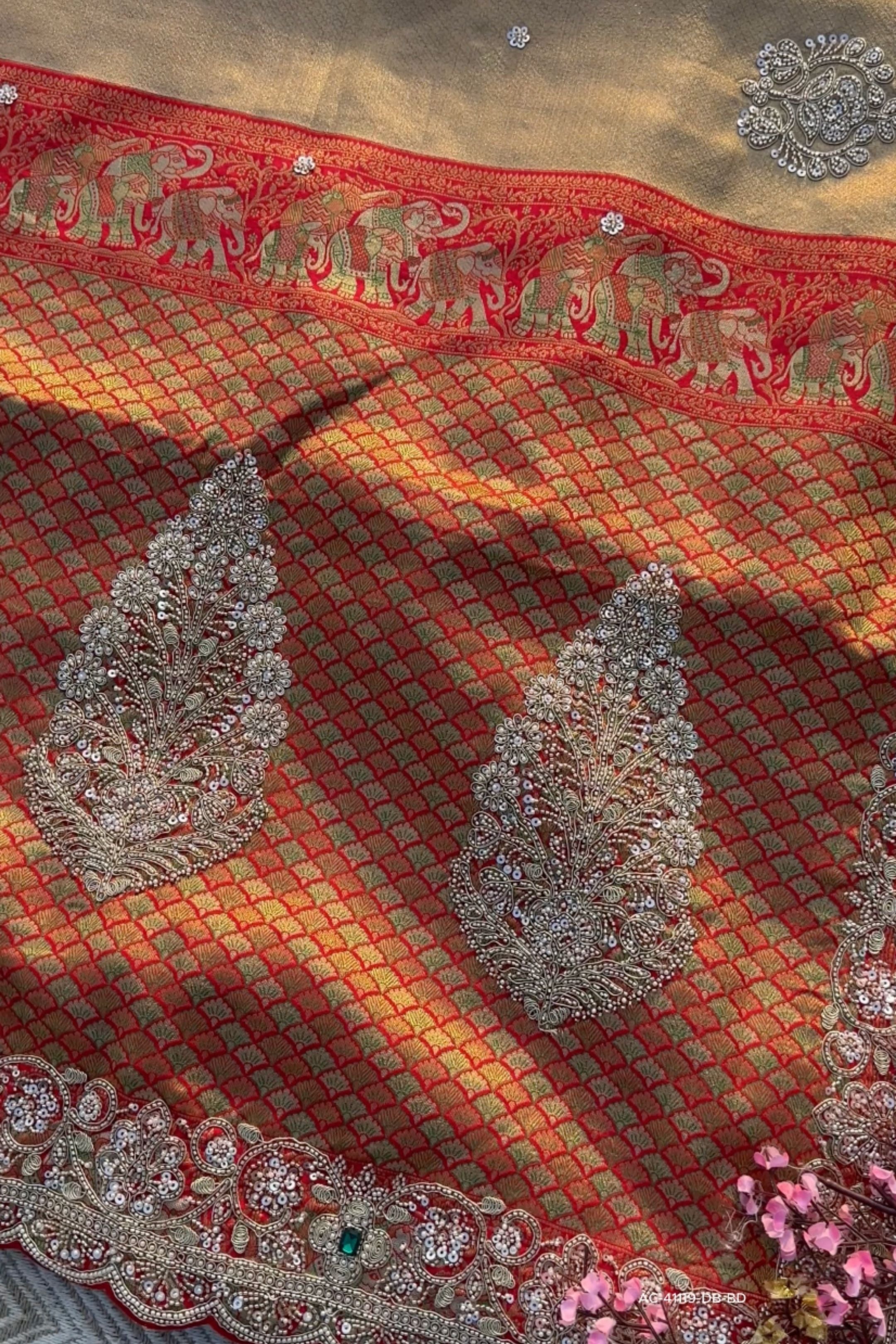 Red Rani Brocade Unstitched Saree Embellished With Sequins, Moti, Dabka & Cutdana Work